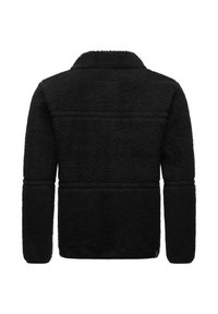Black fleece jacket with a textured surface, collared neck, long sleeves, and horizontal seams across the back. No visible fastenings.