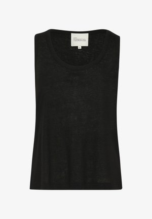 Top negro sin mangas hecho de una tela ligera. Presenta un cuello redondo y un corte holgado, con una textura ligeramente transparente. La etiqueta interior dice "Mi Armario Esencial".