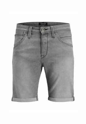 Graue Denimshorts mit umgeschlagenen Säumen, fünf Taschen-Design, Metallknopfverschluss und sichtbaren Nahtstichen. Maschinenwaschbarer Stoff.