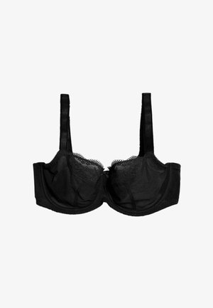 Soutien-gorge en dentelle noire avec bretelles ajustables et détails en tissu mesh semi-transparent.