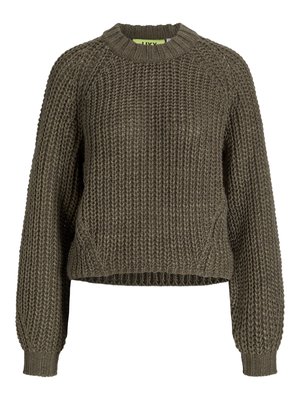 Fleckiger olivgrüner Strickpullover mit rundem Halsausschnitt, gerippten Bündchen und entspannter Passform. Strukturiertes Gewebe und strapazierfähiges Material.
