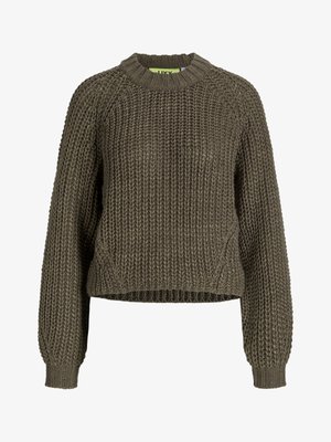 Fleckiger olivgrüner Strickpullover mit rundem Halsausschnitt, gerippten Bündchen und entspannter Passform. Strukturiertes Gewebe und strapazierfähiges Material.
