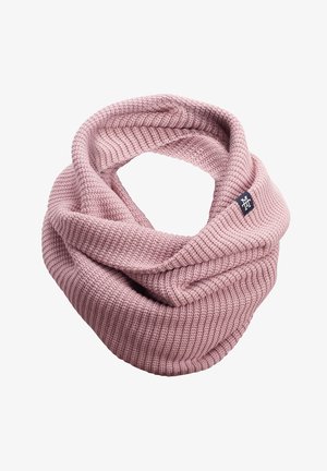 Strick-Infinity-Schal in sanftem Pink. Verfügt über ein strukturiertes Design mit Ripp- und Schlingenmustern. Enthält ein kleines Logotag auf einer Seite.