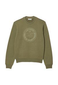 Sudadera verde oliva con cuello redondo y puños de canalé, que presenta un destacado logo circular en el centro con detalles de textura.