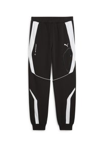 Crne sportske hlače s bijelim detaljima, suženog kroja, elastičnom strukom i džepom sa zatvaračem, s modernim dizajnom i logotipima.
