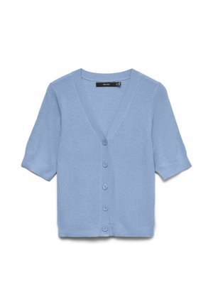 Cardigan azzurro chiaro a maniche corte con scollo a V e cinque bottoni frontali, realizzato in tessuto strutturato.