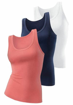 Three tank tops in coral, navy, and white colors. Made from soft, stretchy fabric. Each features a classic scoop neckline and slim fit design.