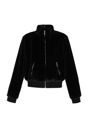Sort faux fur bomberjakke med høj krave, lynlåslukning foran og sidelommer. Ribbet manchetter og kant med guldfarvede detaljer på lynlåsen.