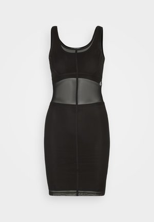 Rochie neagră, ajustată, cu decolteu rotund, secțiune mijlocie transparentă și textură netedă. Prezintă un design fără cusături și un detaliu discret cu logo pe lateral.