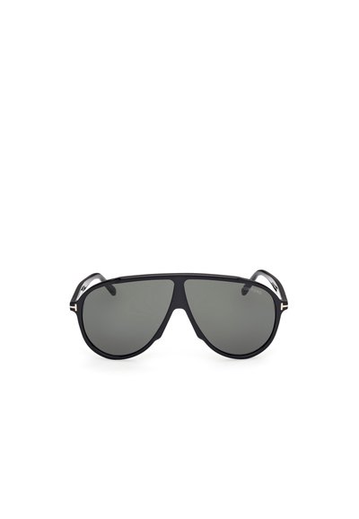 Black aviator sunglasses with dark grey lenses, sleek metal accents, and signature logo detailing on the temples.
