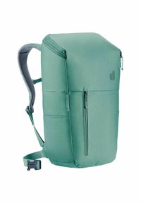 Zaino rettangolare verde con spallacci imbottiti, tasca verticale con cerniera frontale e tasca laterale, su uno sfondo bianco.