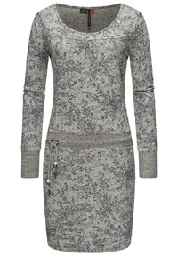 Robe grise à manches longues avec un motif floral sombre, une large ceinture, un détail à cordon et un col arrondi.