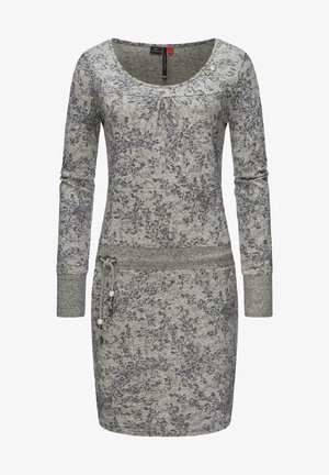 Pitkähihaisuus harmaa mekko tummalla kukkakuviolla, leveällä vyötärönauhalla, nauhakiinnityksellä ja pyöreällä kaula-aukolla.