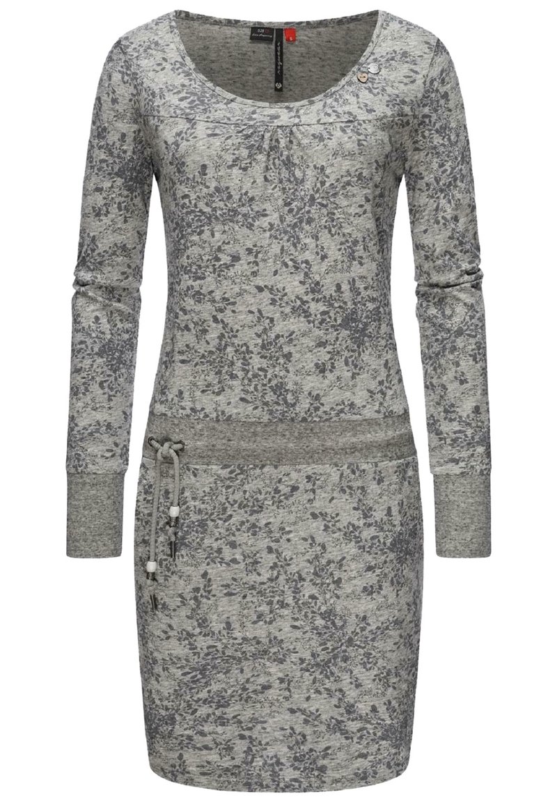 Robe grise à manches longues avec un motif floral sombre, une large ceinture, un détail à cordon et un col arrondi.