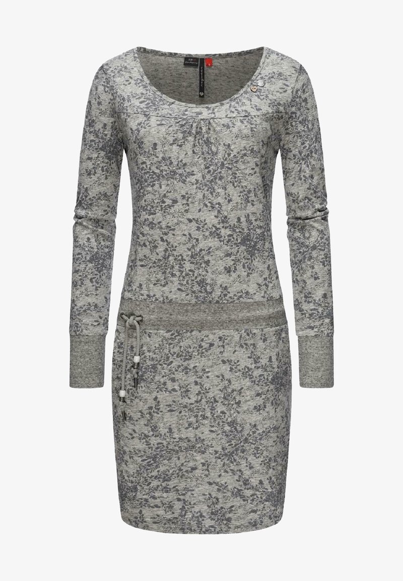 Robe grise à manches longues avec un motif floral sombre, une large ceinture, un détail à cordon et un col arrondi.