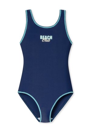 Marineblauer Einteiler-Badeanzug mit hellblauen Akzenten und dem Schriftzug "BEACH Club". Verfügt über einen hohen Ausschnitt und Schulterriemen. Glattes, dehnbares Material.