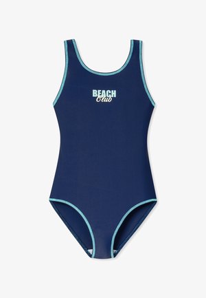 Tmavě modré jednodílné plavky se světle modrými prvky a nápisem "BEACH Club". Mají vysoký výstřih a ramenní popruhy. Hladká, pružná látka.