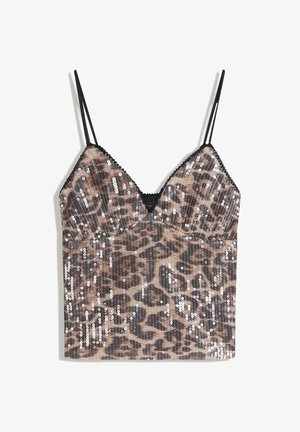Top corto con stampa leopardata, paillettes beige e marroni, bordi in pizzo nero e spalline sottili regolabili. Tessuto testurizzato con finitura lucida.