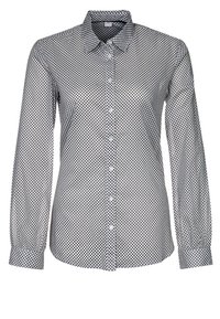 Camicia button-down a scacchi in bianco e nero, con maniche lunghe, colletto standard e una texture del tessuto liscia. Caratterizzata da una fila di bottoni.