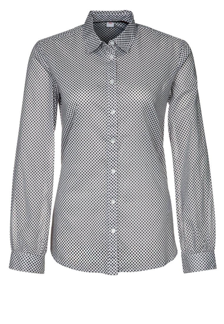 Camicia button-down a scacchi in bianco e nero, con maniche lunghe, colletto standard e una texture del tessuto liscia. Caratterizzata da una fila di bottoni.