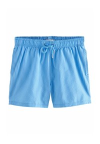 Helle blaue Badeshorts mit horizontalem Streifenmuster, elastischem Bund und verstellbarem Kordelzug, ausgestattet mit zwei seitlichen Taschen.