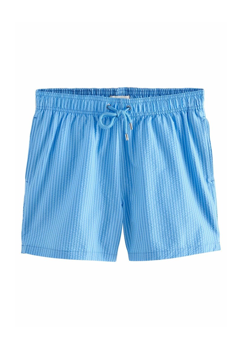 Helle blaue Badeshorts mit horizontalem Streifenmuster, elastischem Bund und verstellbarem Kordelzug, ausgestattet mit zwei seitlichen Taschen.
