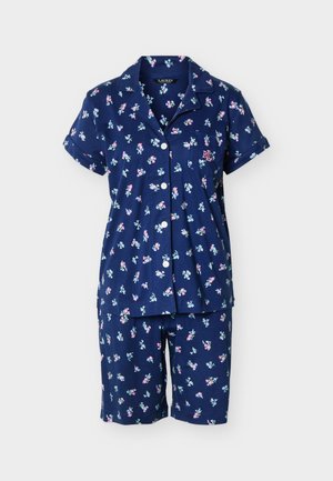 Top pigiama blu navy a maniche corte con bottoni e pantaloncini abbinati, entrambi con una stampa floreale piccola rosa e bianca e il logo RL ricamato sulla tasca del petto.