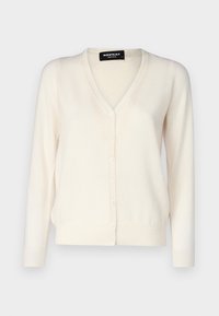 Krémový dlouhý kašmírový svetr s výstřihem ve tvaru V a knoflíkovým zapínáním, s žebrovanými manžetami a lemem, vystavený na bílém pozadí.