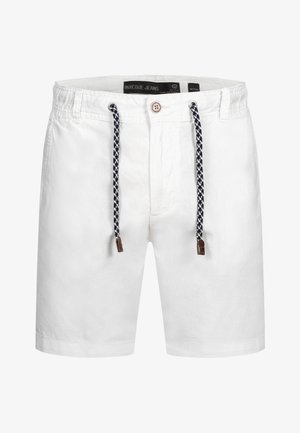 Witte katoenen shorts met zwart-witte trekkoord, knoopsluiting, riemlussen en voorzakken, met maat medium label.