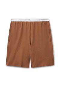 Bruine shorts gemaakt van zachte stof met een elastische tailleband met een witte logoband. Inclusief zijzakken en een eenvoudig, soepel ontwerp.