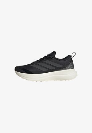 Black athletic sneaker with black mesh upper, three dark stripes on the side, white cushioned sole, and heel pull tab.