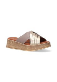Brown and gold slide sandal with a textured brown wedge sole, featuring a brown upper and gold metallic straps across the foot.