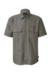 Korte mouwen shirt van gestructureerde grijze stof, met een knoopsluiting aan de voorkant en twee borstzakken met kleppen.
