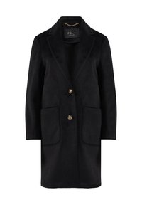 Zwarte wolblendjas met een tailored design, notch-lapels, twee voorkakken en een sluiting met twee knopen. Zachte textuur en klassieke silhouet.