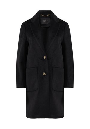 Zwarte wolblendjas met een tailored design, notch-lapels, twee voorkakken en een sluiting met twee knopen. Zachte textuur en klassieke silhouet.