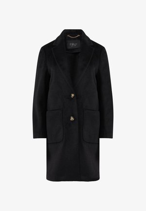 Manteau noir en mélange de laine avec un design ajusté, revers crantés, deux poches avant et fermeture à deux boutons. Texture douce et silhouette classique.