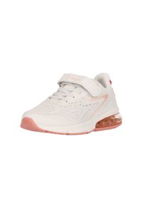 White athletic shoe with mesh upper, pink accents, adjustable strap, and transparent air cushion insole; features textured sole for grip.