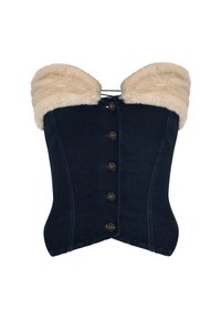 Denim korset med en struktureret, tætsiddende design. Har en krave af cremet kunstpels, forreste knapper og snørebånd bagpå. Mørkeblåt stof.