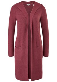 Cardigan long à ouverture frontale en maille couleur rose poudré, avec capuche, manches longues et deux poches plaquées devant.