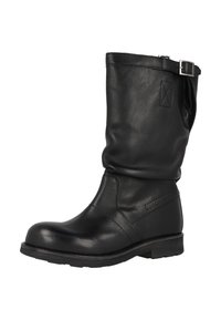Czarny skórzany kozaki za kolano o luźnym fasonie, z metalową klamrą oraz płaską gumową podeszwą. Charakteryzuje się przeszyciami na cholewce oraz detalem z logo.