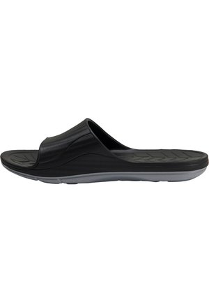 Sorte slip-on sandaler med en glat overdel, tekstureret sål og en kontrastfarvet grå ydersål med et buet design for komfort.