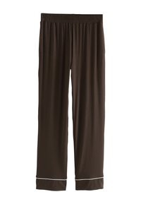 Dunkelbraune Hose mit geradem Bein, elastischem Bund und weißem Paspeldetail nahe dem Saum auf einfarbigem Hintergrund.