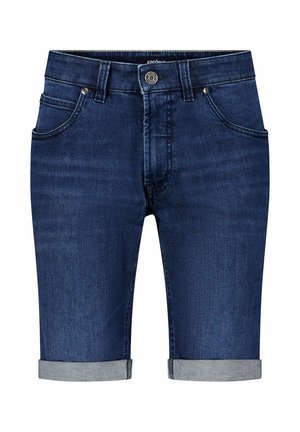 Blauwe denim shorts met opgerolde pijpen, knopen aan de voorkant, ritssluiting, lussen voor riem en twee voorkantzakken.