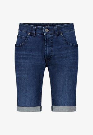 Blauwe denim shorts met opgerolde pijpen, knopen aan de voorkant, ritssluiting, lussen voor riem en twee voorkantzakken.