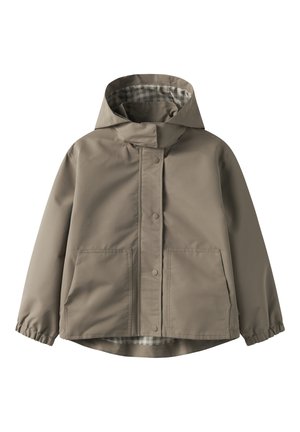 Hellbraune Regenjacke mit Kapuze, Druckknopfleiste vorne, elastischen Bündchen, zwei Fronttaschen und kariertem Innenfutter.