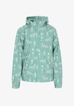 Vandafvisende mintgrøn jakke med mønster af hvide heste og palmetræer, med hætte og frontlynlås.