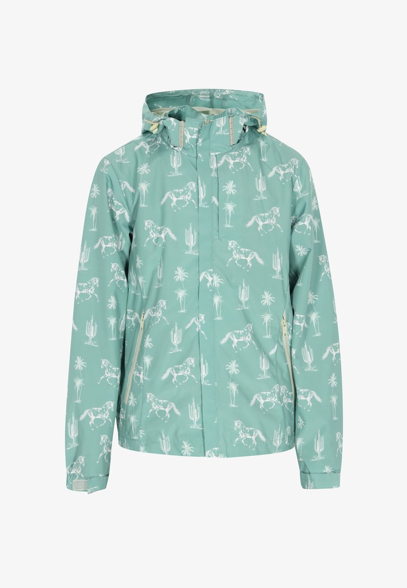 Vandafvisende mintgrøn jakke med mønster af hvide heste og palmetræer, med hætte og frontlynlås.