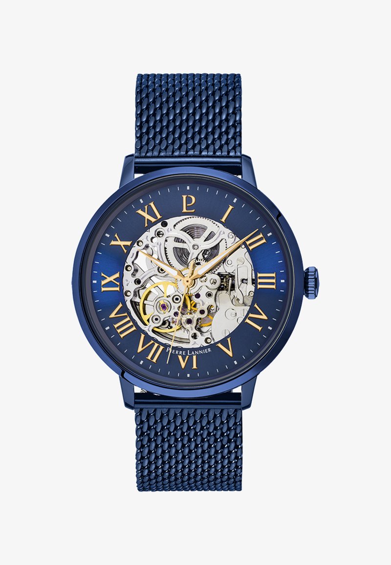 Blaues Edelstahl-Uhr mit Netzarmband, ausgestattet mit einem transparenten Zifferblatt, das ein mechanisches Werk zeigt, goldenen römischen Ziffern.