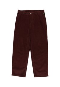 Corduroy trousers in deep burgundy, featuring a straight-leg cut, front pockets, and a single button closure at the waistband.