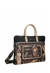Borsa per laptop nera e beige con finitura lucida, caratterizzata da un'opera d'arte di una ragazza, la Torre Eiffel e vari motivi colorati. Include una tracolla removibile.